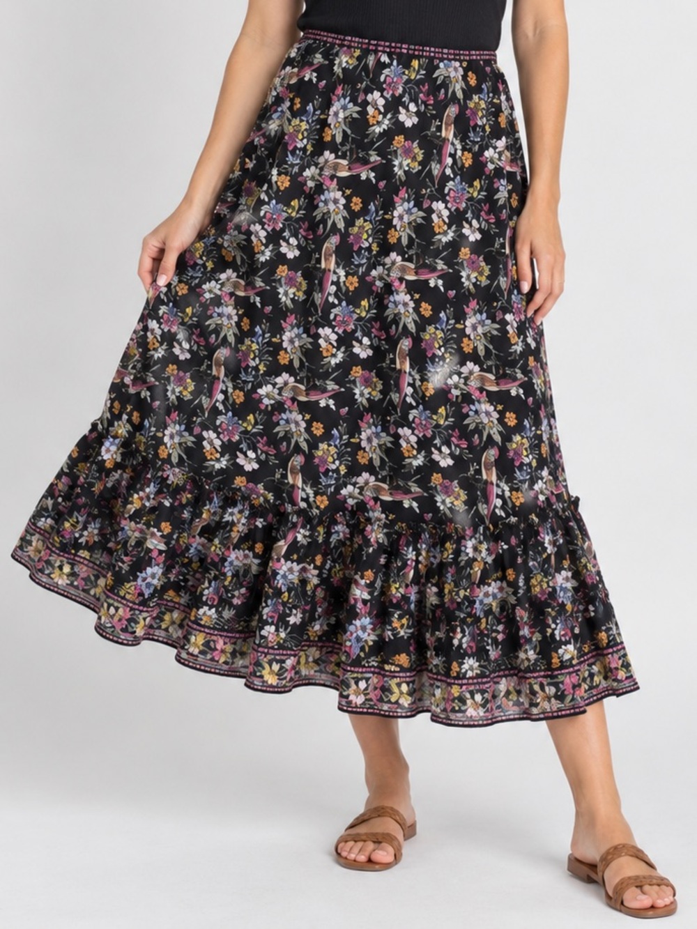 Max Studio Pink Black Floral Bird A Line Midi Skirt Flowy Stretch Waist Size XS